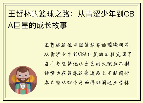 王哲林的篮球之路：从青涩少年到CBA巨星的成长故事